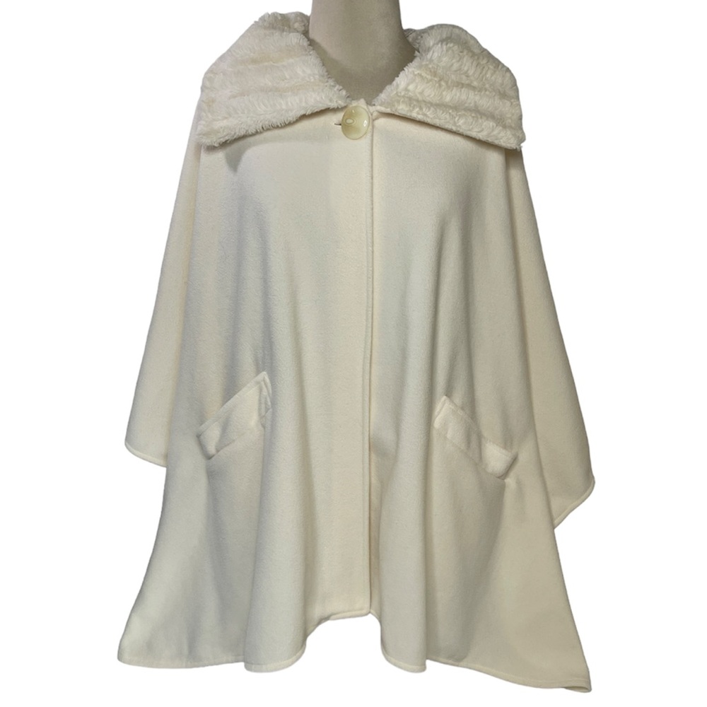 Luxury Cape Coat Fur Collar Button Shawl Wrap Winter White Ivory Whimsy Coquette - Picture 12 of 13